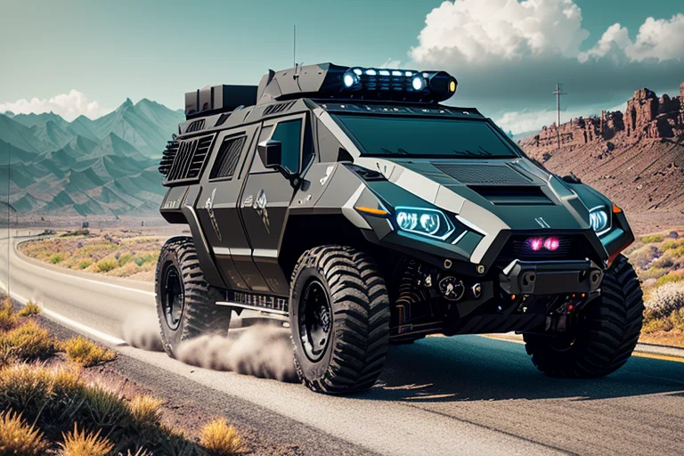 Nvinkpunk, Black Futuristic Armoured Vehicle On The Road, In...