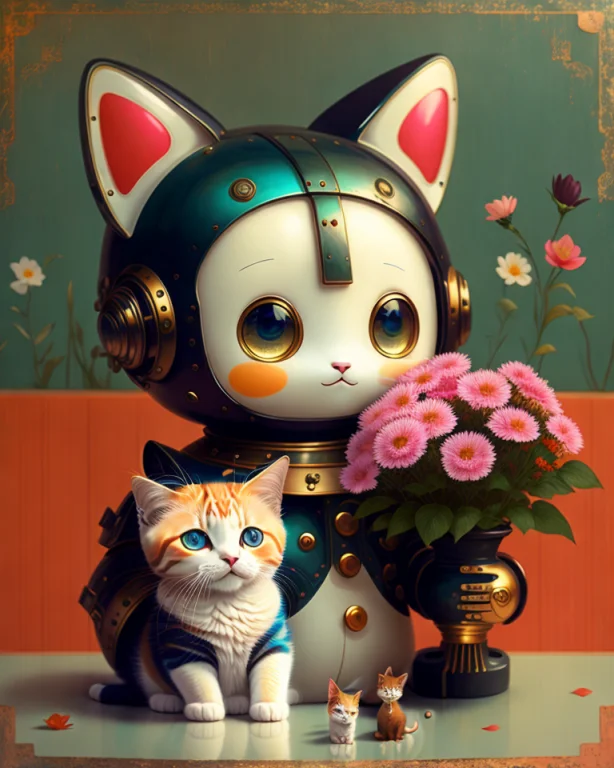Portrait Of A Cute Robot Holding A Kitten, Colorful, Perfect...