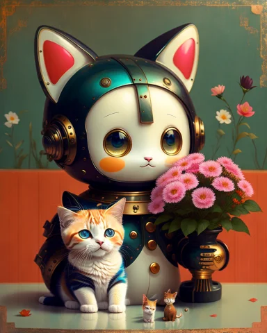 Portrait Of A Cute Robot Holding A Kitten, Colorful, Perfect... — Stable Diffusion AI Prompt: portrait of a cute robot holding a kitten, colorful, perfectionism, cinematic li...