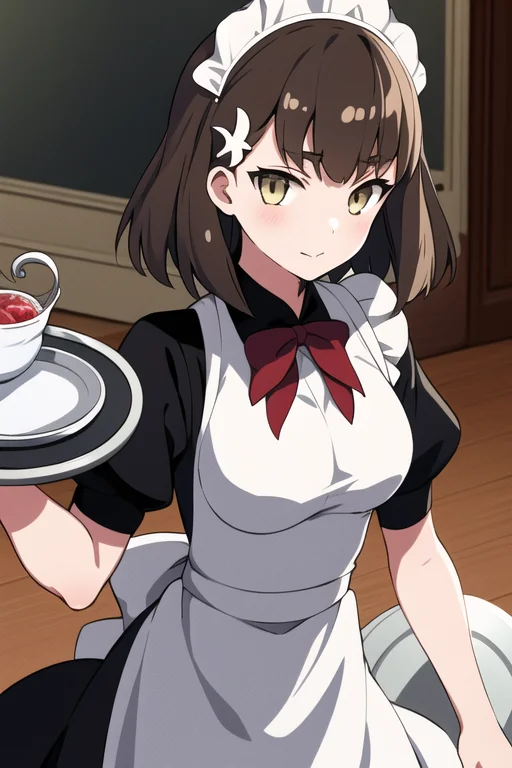 Hajime, 1girl, Maid Uniform, Frills, Mansion, Tray, Short Ha...