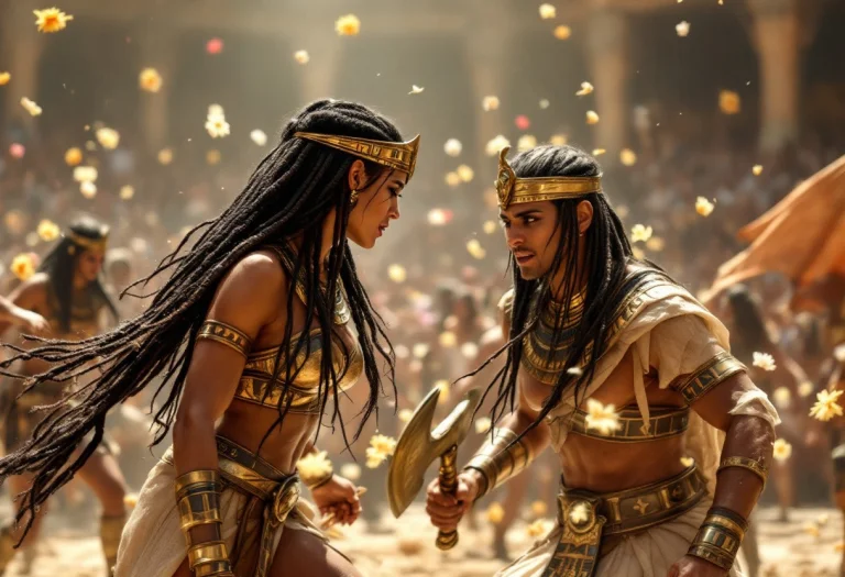 A Group Fit Egyptian Women, With Long Braided Hair, Gladiato...