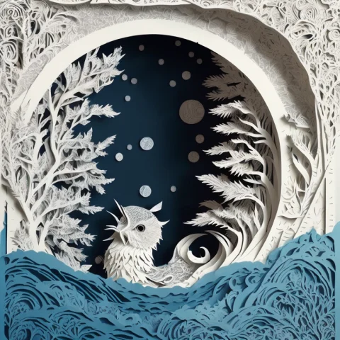 Mdjrny-pprct,paper Cuttings Craft, Paper Illustration, Tunne... — Stable Diffusion AI Prompt: mdjrny-pprct,Paper Cuttings craft, paper illustration, tunnels, blue birds, wave...