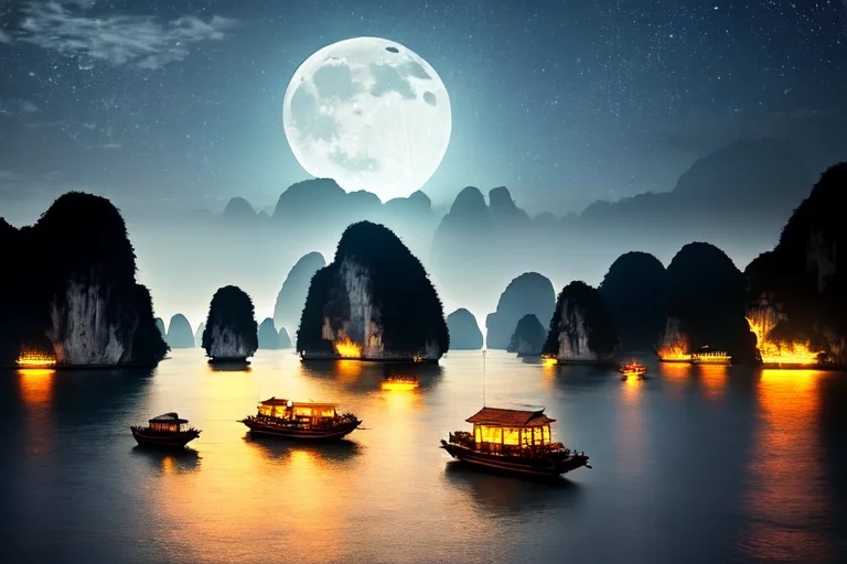 Ha Long Bay, Vietnam, Moonlit Night, Illuminated, Bright Lig...