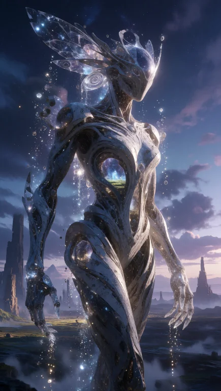 A Towering, Surreal Cosmic Entity Stands In A Vast Alien Lan...