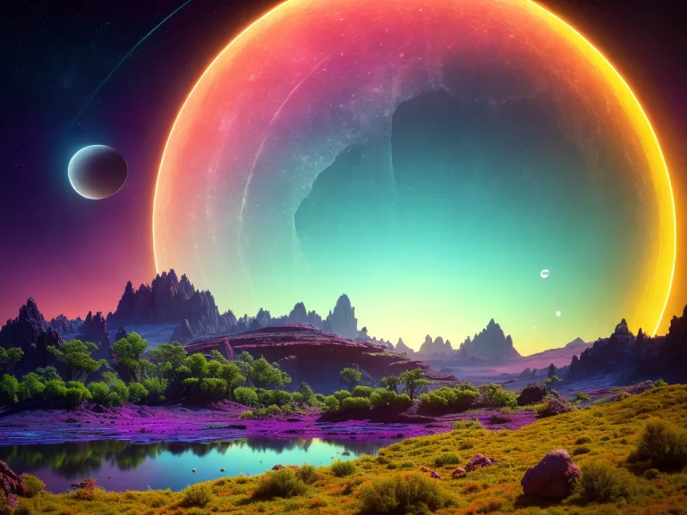 A Lush Alien Landscape On A Ringed Planet With A Moon In The...