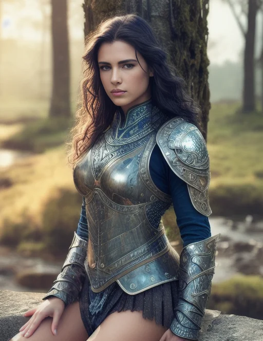 Woman Warrior In Blue Intricate Armor Sitting On The Edge Of...