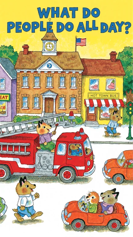A Bustling Town Scene By Richard Scarry Featuring A Red Fire...
