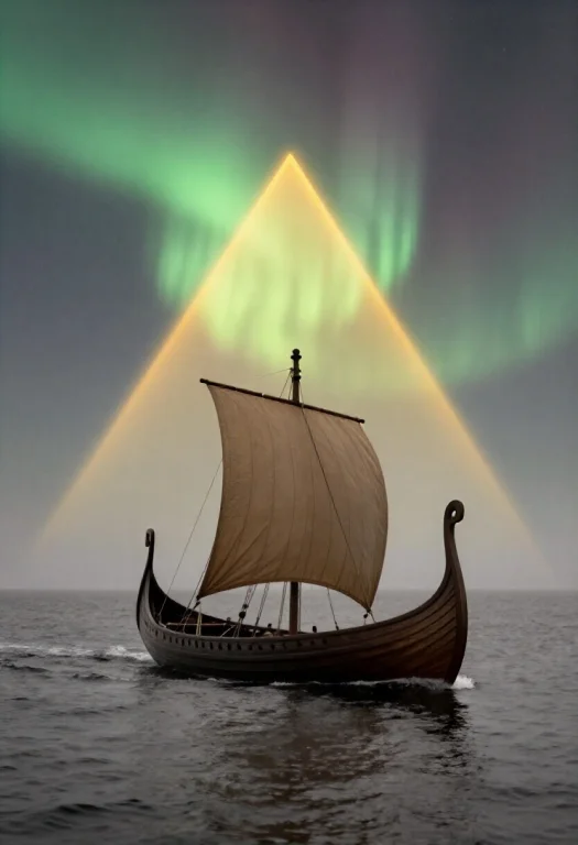 A Viking Longship Cutting Through A Cold Grey Sea, Aurora Gl...
