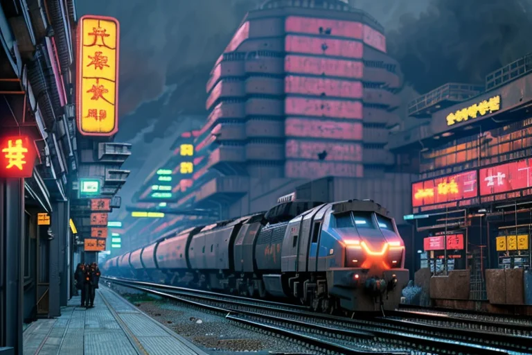 Cyberpunk Locomotive On Railroad Through Cyberpunk Industria...