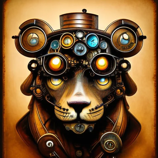 Steampunkai, Lion With Goggles On Its Head, Portrait, Steamp...