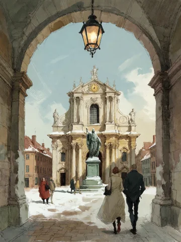 Bradhamel Art Style. A Grand Stone Archway Frames A Sunlit,... — Stable Diffusion AI Prompt: Bradhamel art style. A grand stone archway frames a sunlit, snow-dusted European...