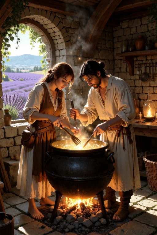 An Illustration Of Two Alchemists Working Closely Together O...