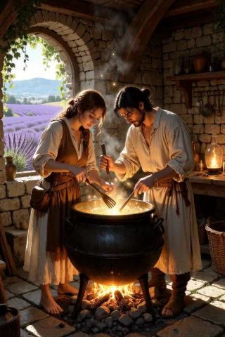 An Illustration Of Two Alchemists Working Closely Together O... — Stable Diffusion AI Prompt: An illustration of two alchemists working closely together over a bubbling cauld...