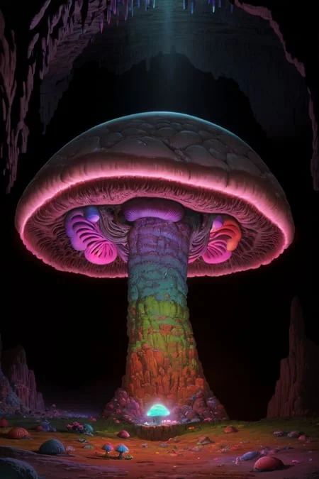 Vibrant Rainbow Bioluminescent Mushroom Inside Of A Dark Cav...