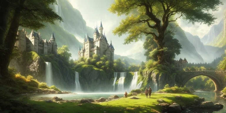 A Beautiful Castle Beside A Waterfall In The Woods, By Josef...