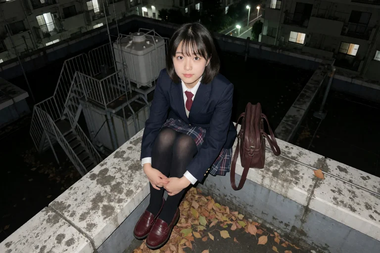 A High-angle Rooftop Photograph At Night. A Young East Asian...