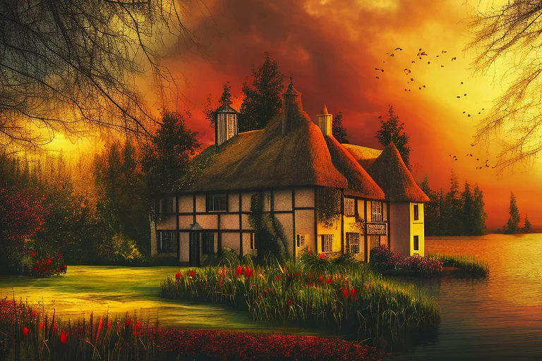 By Phse, High Angle Oil Painting, Colonial House1.2 On A Lak...