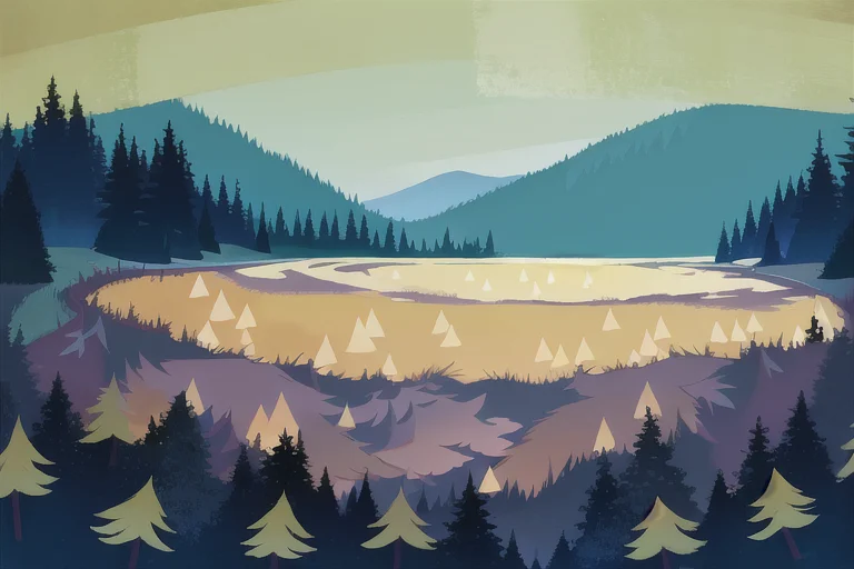 Night View Landscape, Forest, Lake, In The Style Of Lorasamu...