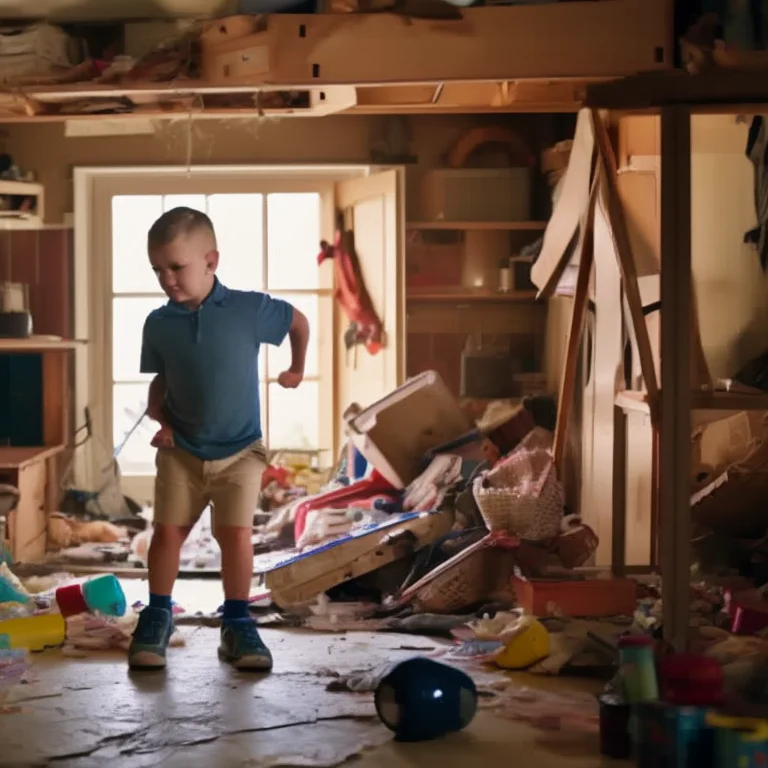Wide Angle Little Boy In Messy Cluttered House Full Of Toys,...