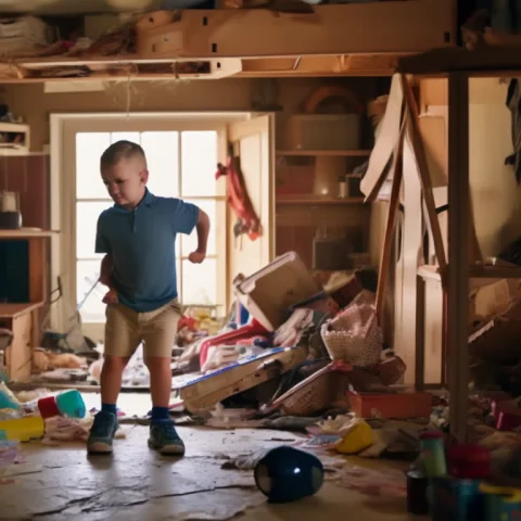 Wide Angle Little Boy In Messy Cluttered House Full Of Toys,... — Stable Diffusion AI Prompt: Wide angle little boy in messy cluttered house full of toys, chaotic cabin in ba...
