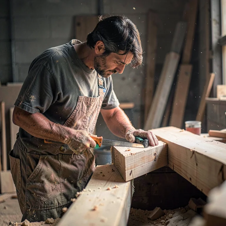 A Carpenter Measuring Timber In A Dusty Workshop, Photoreali...