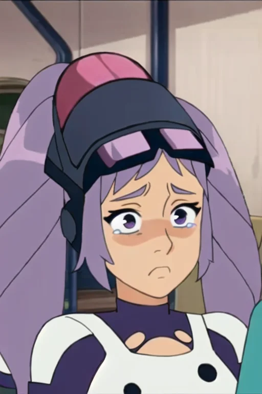 A Woman With Long Purple Hair, Pigtails, Detailed Huge Sad E...