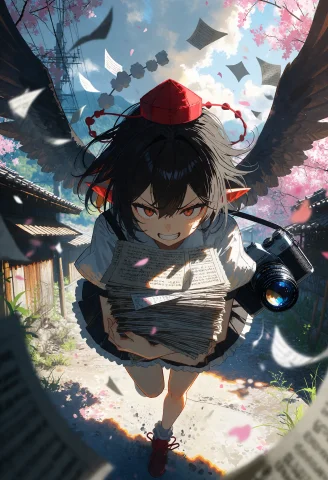 Kani2rer , A Dynamic 2d Anime Scene Of Shameimaru Aya, Hat,s... — Stable Diffusion AI Prompt: Kani2reR , A dynamic 2D anime scene of Shameimaru Aya, hat,sharp hawk-like eyes,...