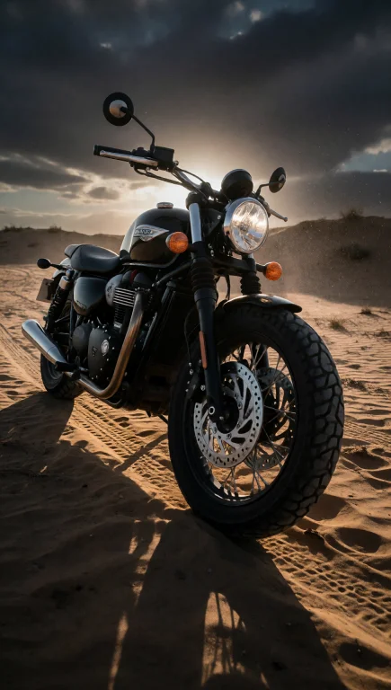 A Black Triumph Motorcycle With A Large Front Tire Featuring...