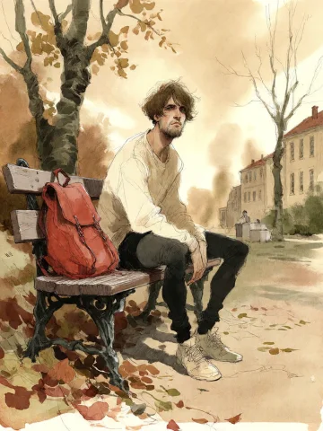 Bradhamel Art Style. A Lone Young Man With Tousled Brown Hai... — Stable Diffusion AI Prompt: Bradhamel art style. A lone young man with tousled brown hair and a beard sits o...