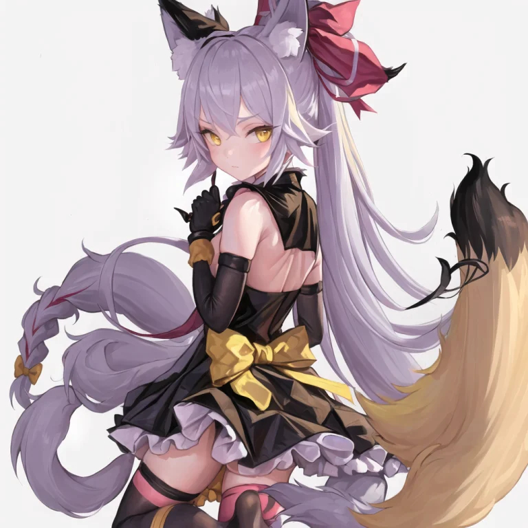 1girl, Elbow Gloves, Fox Ears, Fox Tail, Gloves, Hair Ribbon...