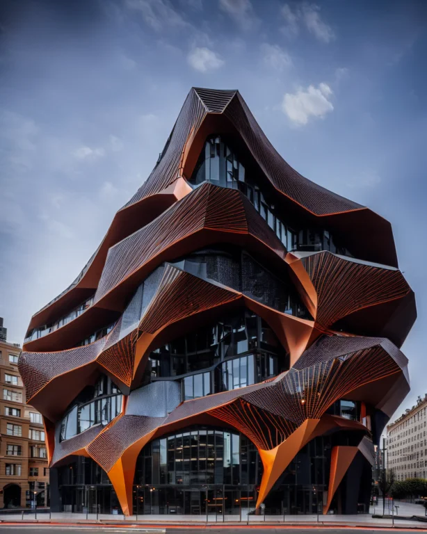 A Photo Of A Orange Parametric Building Midjourneyi, Geometr...