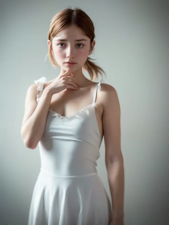 A Girl, Standing, White Shirt, Open Neckline, Delicate Illus...