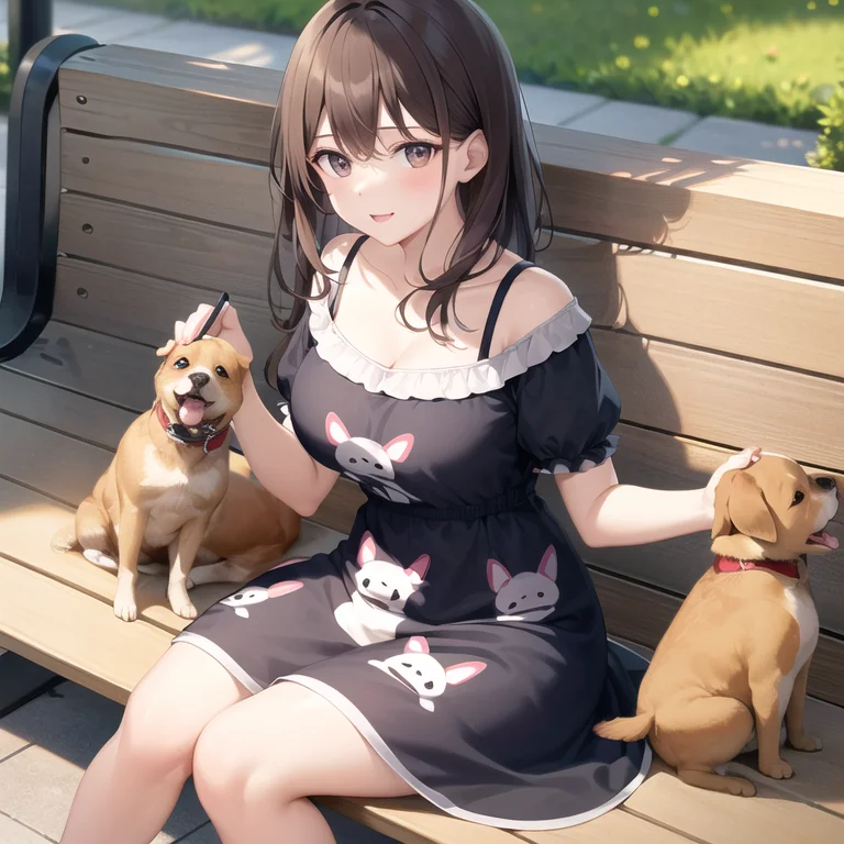 Best Quality, A Woman Sat In A Bench , Summerdress, Dogs Pri...