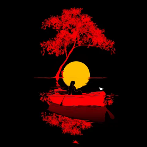 Silhouette Of A Person 22-year-old Woman Sitting In A Red Bo... — Stable Diffusion AI Prompt: Silhouette of a person (22-year-old woman) sitting in a red boat, dressed in a b...