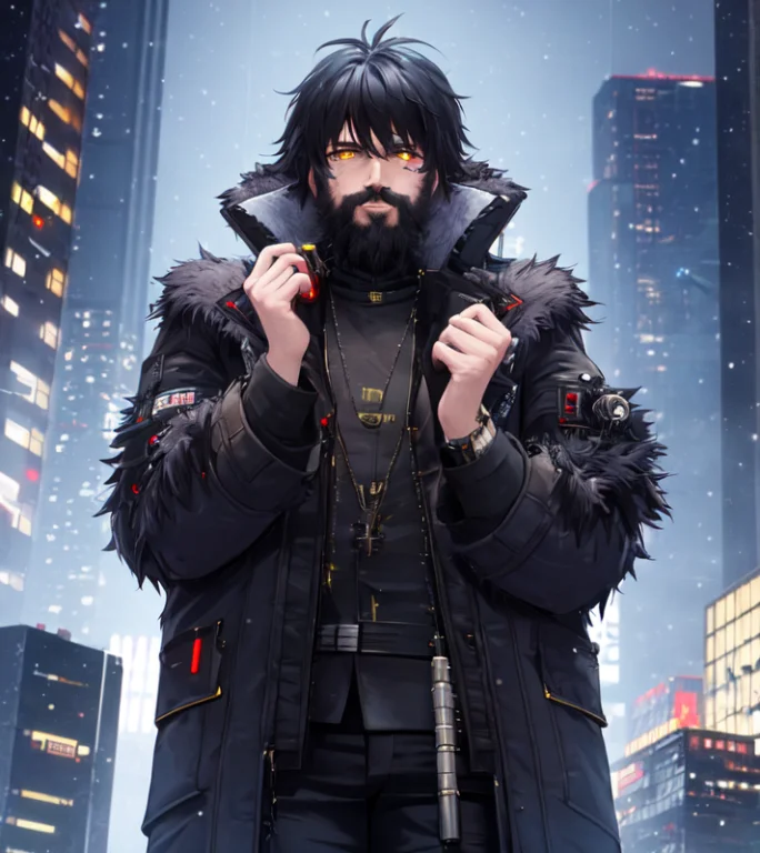 City, Cyberpunk, Night, Skyscraper, Fur Trim, Snowing, Hands...