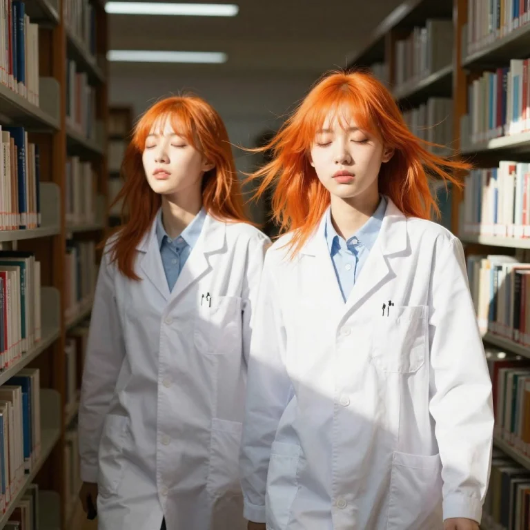 2girls, Orange Hair, Messy Hair, Closed Eyes, Lab Coat, Head...