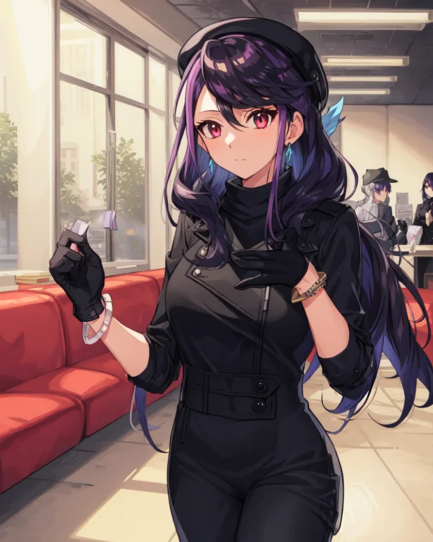 1girl, Ruri, Purple Hair, Bracelet, Long Hair, Black Sweater...