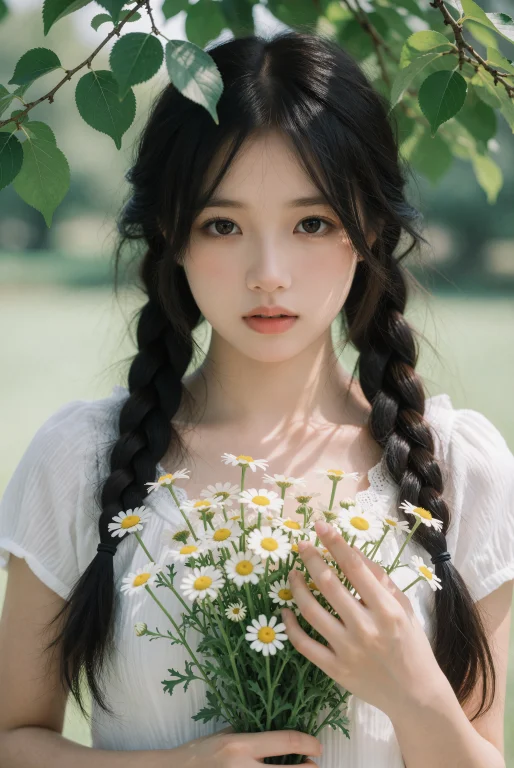 A Close Portrait Of A Woman Holding A Bouquet Of White Daisi...