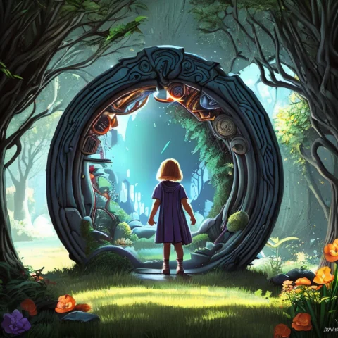 A Child Looking At A Dimensional Portal In The Hidden Garden... — Stable Diffusion AI Prompt: a child looking at a dimensional portal in the hidden garden, scare, environment...