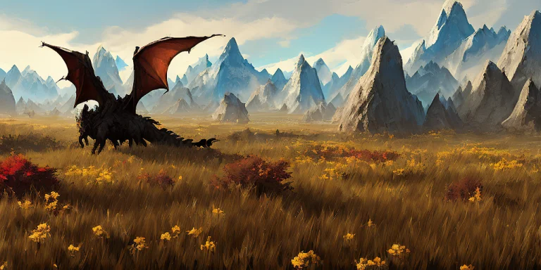 A Photo Of A Field From Skyrim With Mountains Way Off In The...