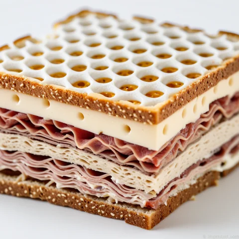A Cross-section Of A Sandwich Where Bread, Cheese, And Meat... — SDXL AI Prompt: A cross-section of a sandwich where bread, cheese, and meat layers are all white...