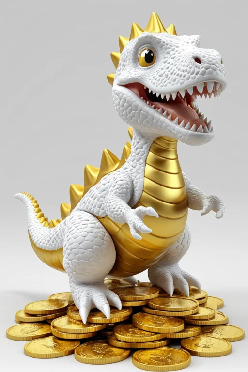 A Cute And Happy Dino Riding On A Dino Holdings A Golden Coi...