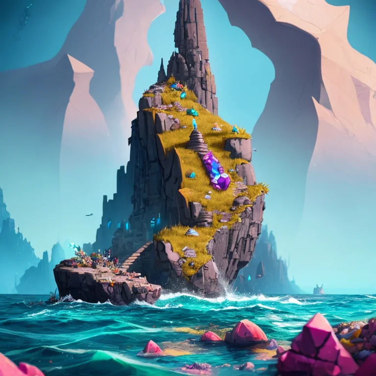 A Rock Spire In The Ocean Shaped Like Gem Stones With Stones...