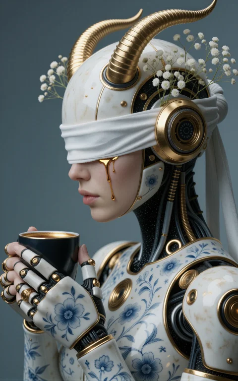 Profile Close-up, Refined 3d Sci-fi Render, Porcelain And Go...