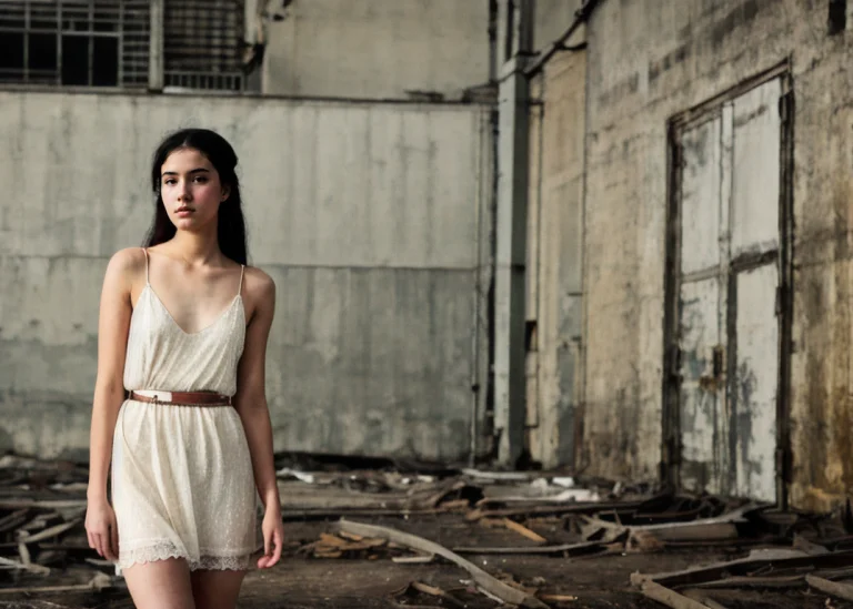 A Young Woman, Dress, Abandoned Factory, Gloomy1.3, At Dista...
