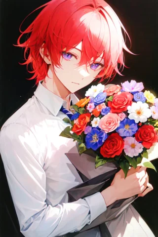 1boy, Solo, Flowers, Pink Flowers In The Background, Shiny H... — Stable Diffusion AI Prompt: (1boy), solo, flowers, pink flowers in the background, shiny hair, flower bouque...