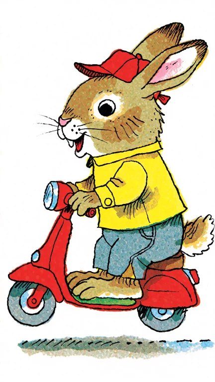 A Cartoon Rabbit By Richard Scarry Wearing A Red Cap, Yellow...