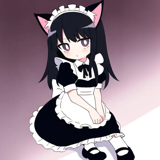 1girl, Cat Ears, Catgirl, Maid, Black Hair, Blackdress, Fril...