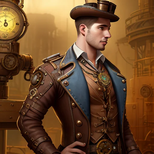 Steampunk Engineer, Machinery Background, Cinematic Lighting...