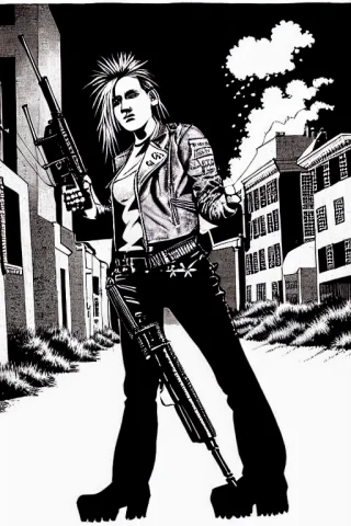 Therpgchargenesafart0.7 Punk 1girl In A Jacket And A Shotgun... — Stable Diffusion AI Prompt: (TheRPGCharGenEsAFArt:0.7) punk 1girl in a jacket and a shotgun on a backstreet...